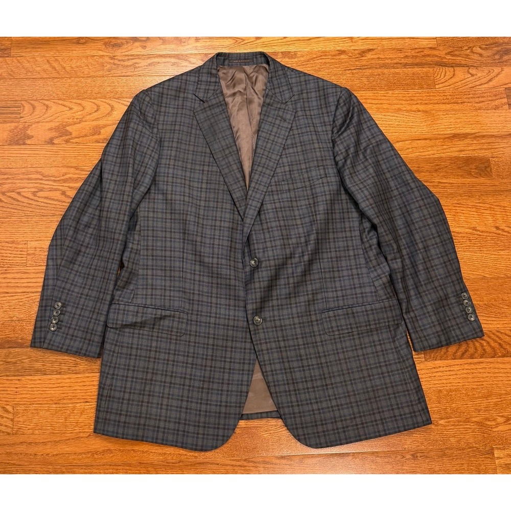 J. Hilburn Sport Coat Blazer Mens 47R‎ Brown Blue Plaid Classic Fit Portugal